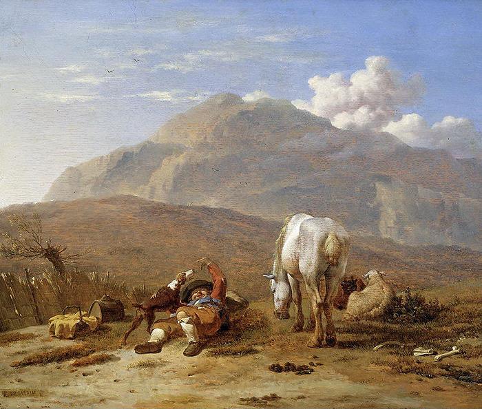 Karel Dujardin Southern landscape with young shepherd and dog. Spain oil painting art